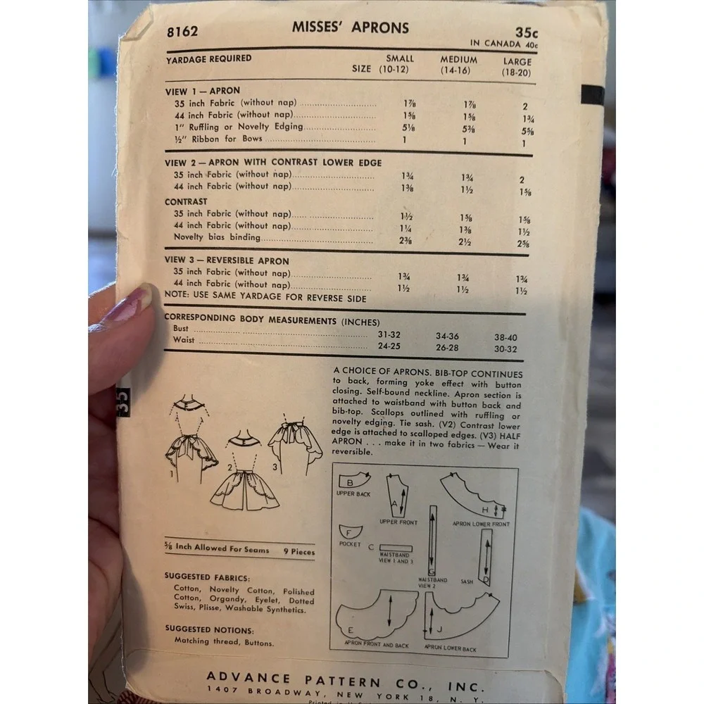 Vintage 1956 Advance 8162 Apron Sewing Pattern Size Medium Misses 34-36 Bust